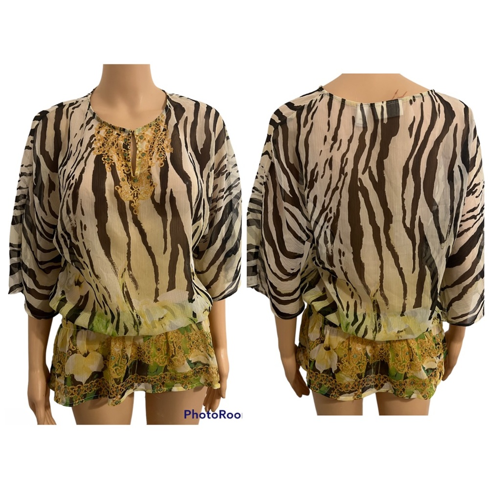 Chicos Women’s Vetiver Dream Shay Top Sheer Peplum Multicolor Sz 0 Small